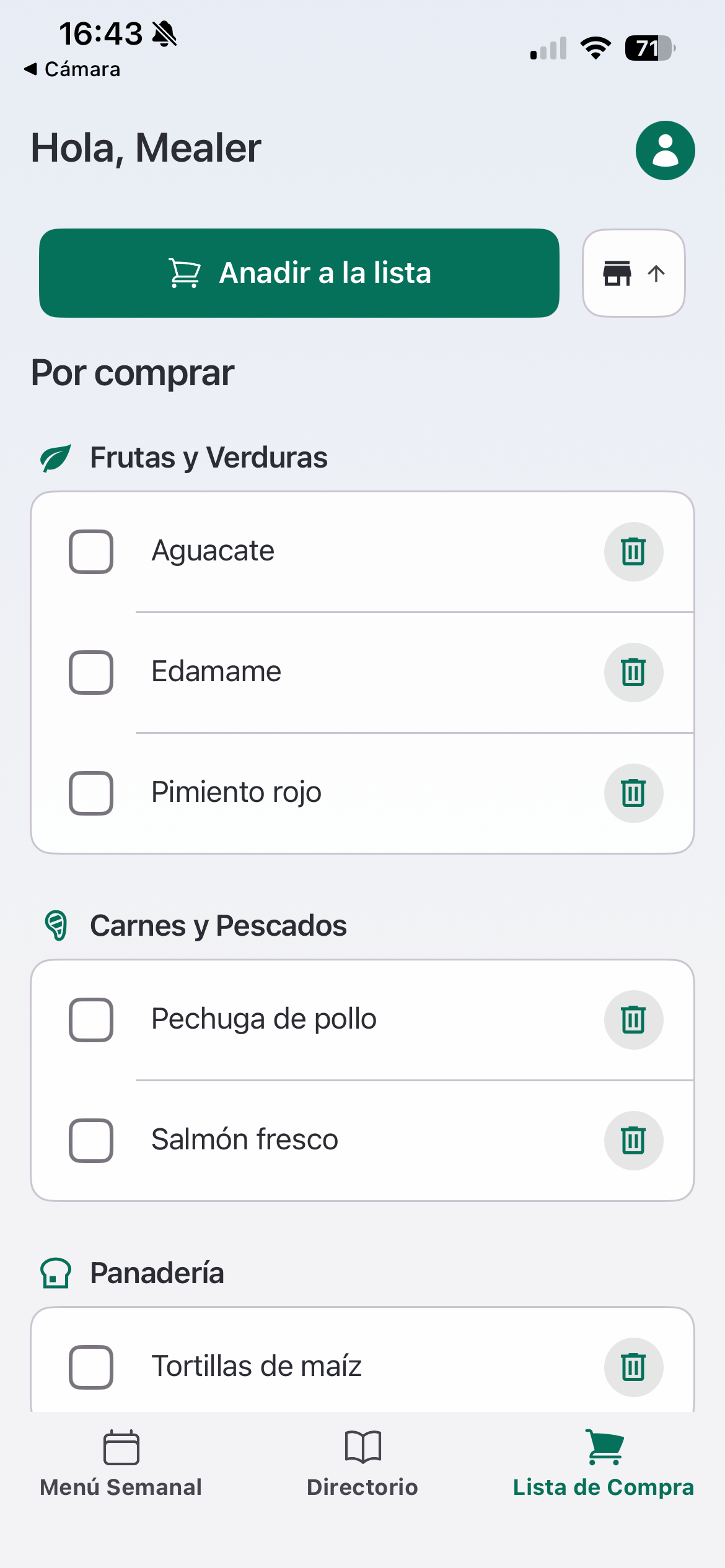 Lista de la compra inteligente en Mealer